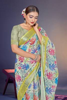  Green Leaf Digital Printed Linen Cotton Saree 2