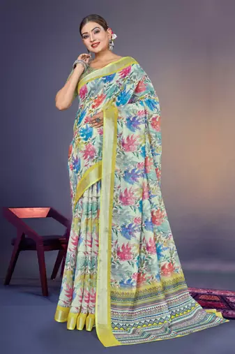  Green Leaf Digital Printed Linen Cotton Saree