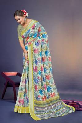  Green Leaf Digital Printed Linen Cotton Saree 4