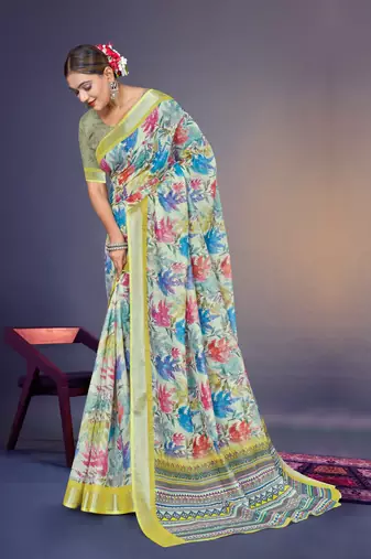  Green Leaf Digital Printed Linen Cotton Saree