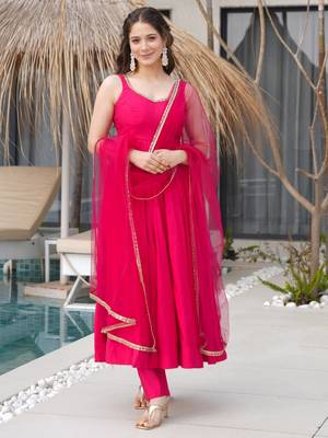 Bright rani pink flared anarkali suit set with dupatta and pants 1