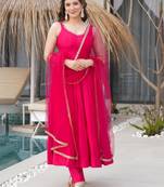 Bright rani pink flared anarkali suit set with dupatta and pants