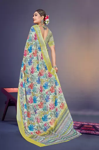  Green Leaf Digital Printed Linen Cotton Saree