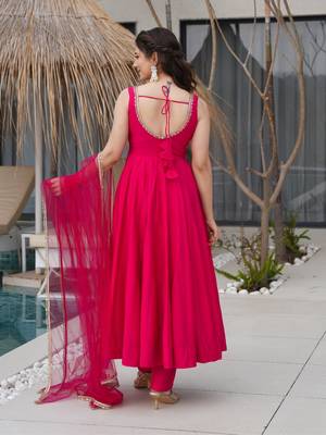 Bright rani pink flared anarkali suit set with dupatta and pants 2