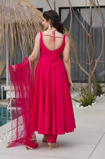 Bright rani pink flared anarkali suit set with dupatta and pants