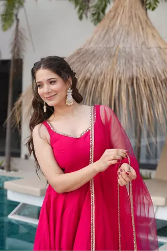 Bright rani pink flared anarkali suit set with dupatta and pants