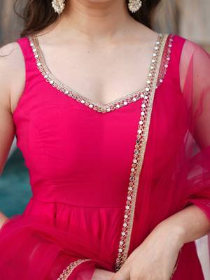 Bright rani pink flared anarkali suit set with dupatta and pants 4