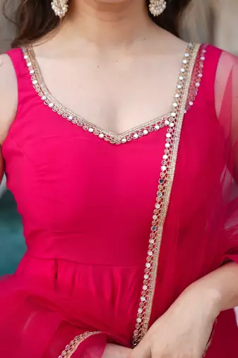 Bright rani pink flared anarkali suit set with dupatta and pants
