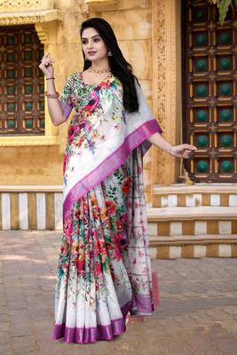  White Floral Digital Printed Saree 1