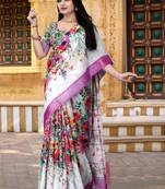  White Floral Digital Printed Saree