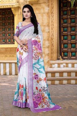  White Floral Digital Printed Saree 1