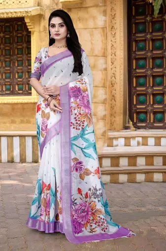  White Floral Digital Printed Saree