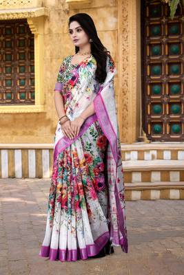  White Floral Digital Printed Saree 3