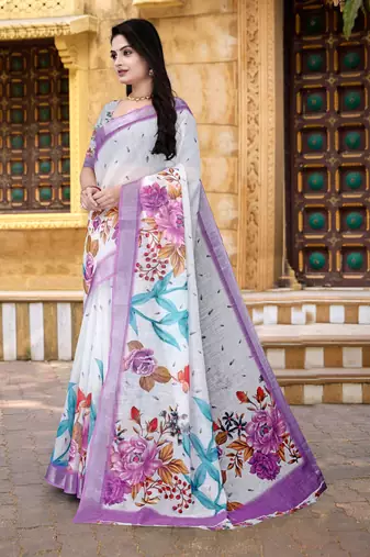  White Floral Digital Printed Saree