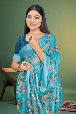  Sky Blue Floral Digital Printed Linen Cotton Saree 1