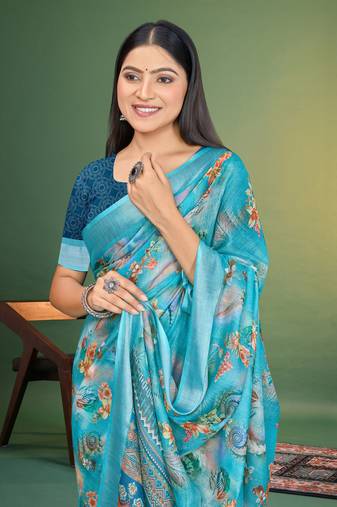  Sky Blue Floral Digital Printed Linen Cotton Saree