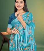  Sky Blue Floral Digital Printed Linen Cotton Saree