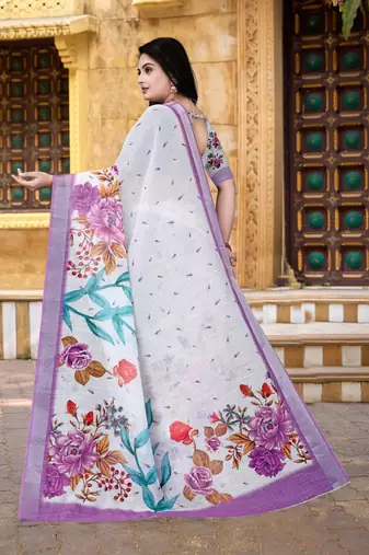 White Floral Digital Printed Saree