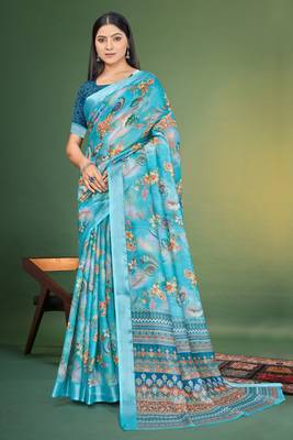  Sky Blue Floral Digital Printed Linen Cotton Saree 3