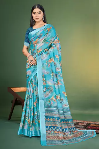  Sky Blue Floral Digital Printed Linen Cotton Saree