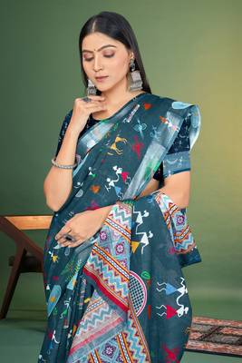  Blue Digital Printed Saree With Blouse Piece  1