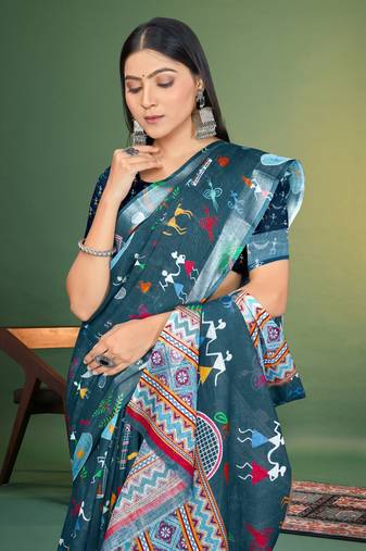  Blue Digital Printed Saree With Blouse Piece 