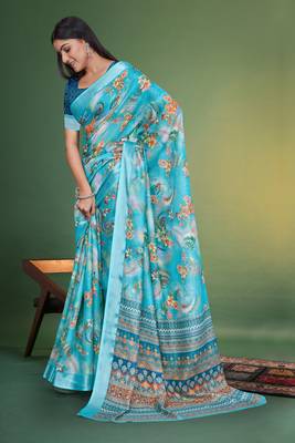  Sky Blue Floral Digital Printed Linen Cotton Saree 4