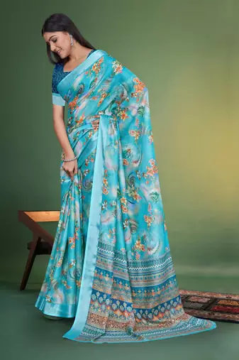  Sky Blue Floral Digital Printed Linen Cotton Saree