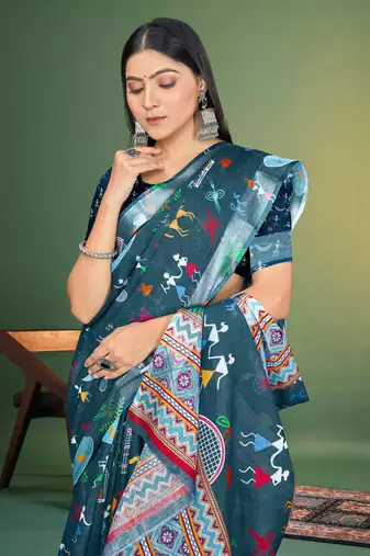  Blue Digital Printed Saree With Blouse Piece 