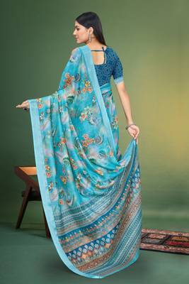  Sky Blue Floral Digital Printed Linen Cotton Saree 5