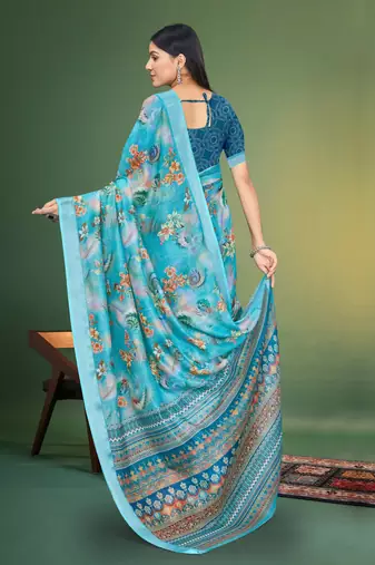  Sky Blue Floral Digital Printed Linen Cotton Saree