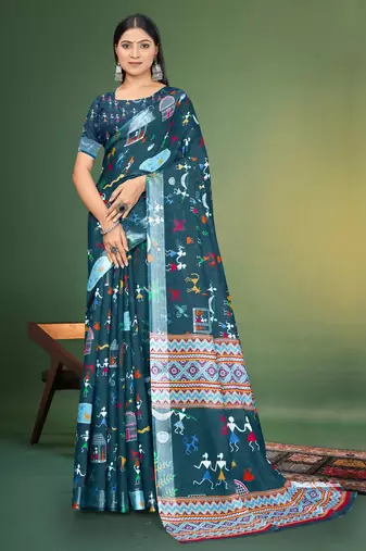  Blue Digital Printed Saree With Blouse Piece 