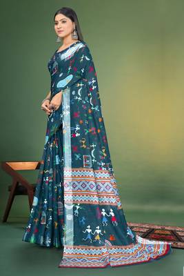  Blue Digital Printed Saree With Blouse Piece  4