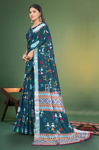  Blue Digital Printed Saree With Blouse Piece 
