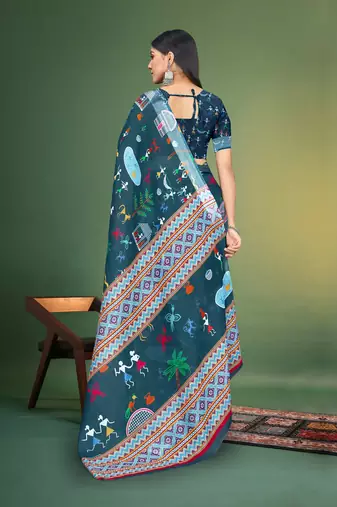  Blue Digital Printed Saree With Blouse Piece 