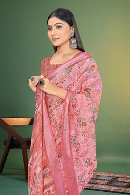  Peach Digital Printed Saree With Blouse Piece  2