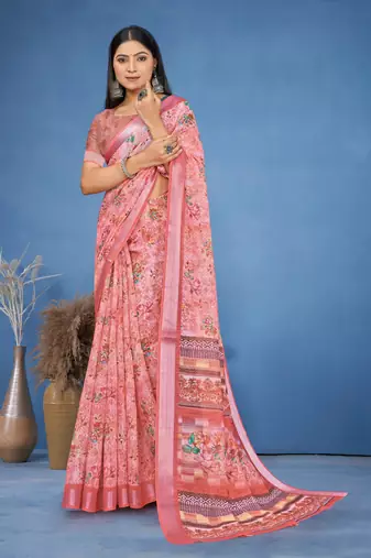  Peach Digital Printed Saree With Blouse Piece 