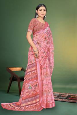  Peach Digital Printed Saree With Blouse Piece  4