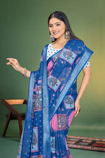  Blue Digital Printed Saree With Blouse Piece 