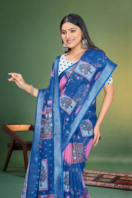  Blue Digital Printed Saree With Blouse Piece  2