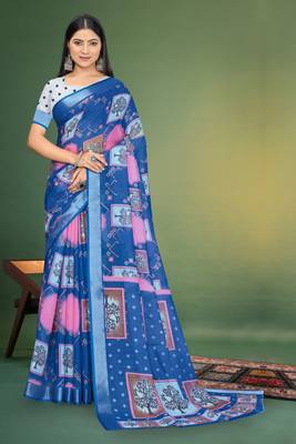  Blue Digital Printed Saree With Blouse Piece  3