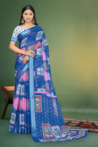 Blue Digital Printed Saree With Blouse Piece 