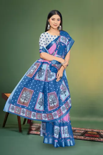 Blue Digital Printed Saree With Blouse Piece 
