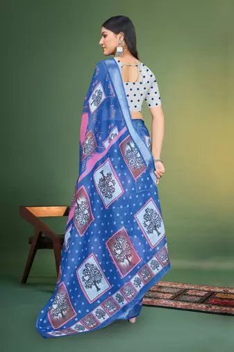  Blue Digital Printed Saree With Blouse Piece 