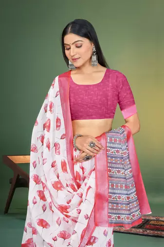  White and Pink Digital Printed Saree With Blouse Piece 