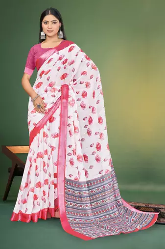  White and Pink Digital Printed Saree With Blouse Piece 