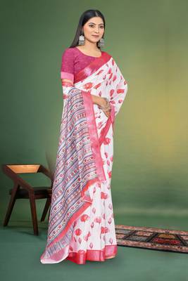  White and Pink Digital Printed Saree With Blouse Piece  4