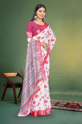  White and Pink Digital Printed Saree With Blouse Piece 