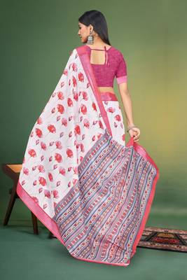  White and Pink Digital Printed Saree With Blouse Piece  5