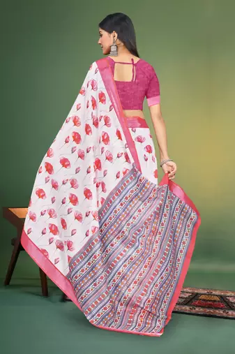  White and Pink Digital Printed Saree With Blouse Piece 
